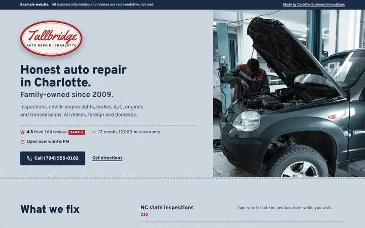 Example website for Tallbridge Auto Repair, a made-up business, on a laptop. Its banner says all information is representative.