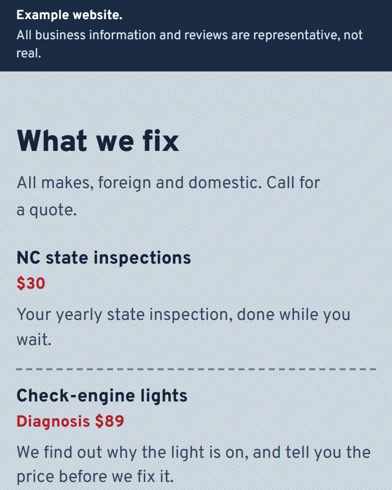 Part of the example auto repair shop site: lists the work you do