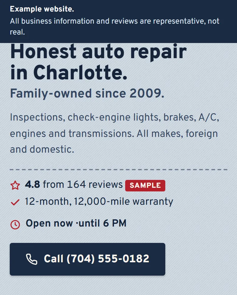 Part of the example auto repair shop site: shows why people trust you