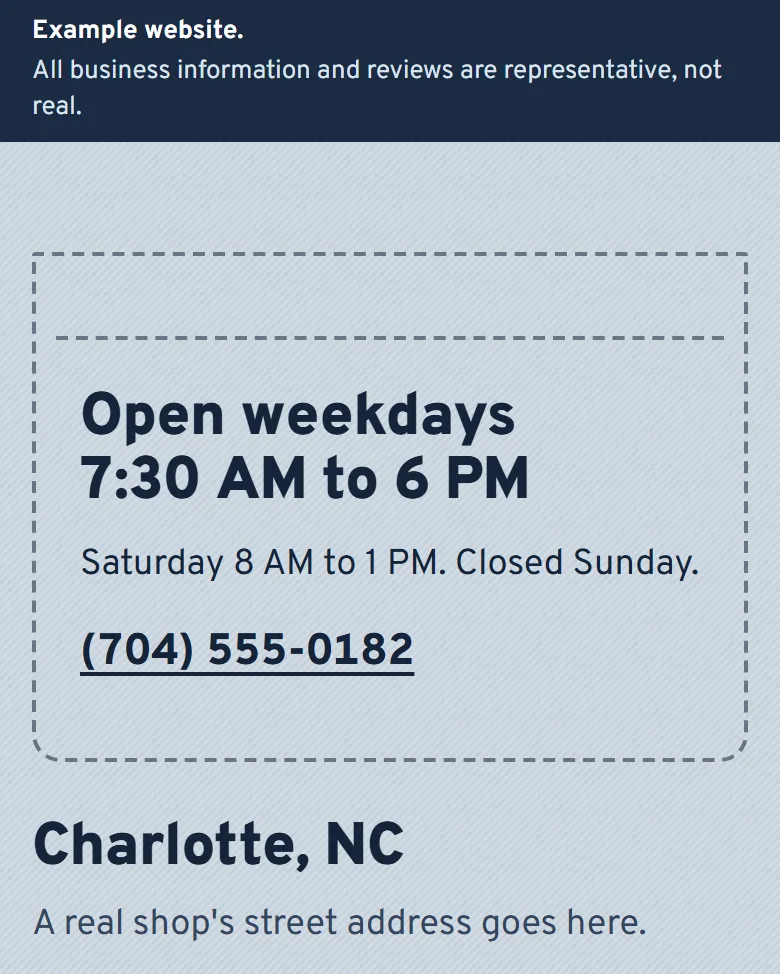 Part of the example auto repair shop site: shows your hours and phone