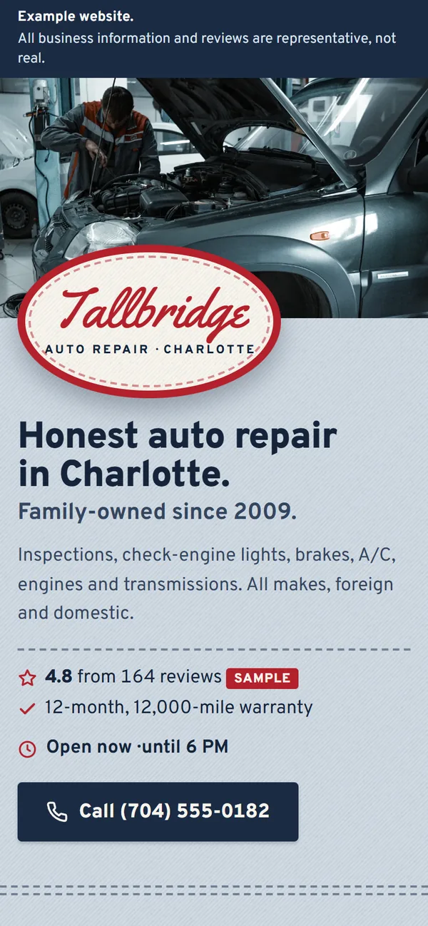 Example website for Tallbridge Auto Repair, a made-up business, on a phone. Its banner says all information is representative.