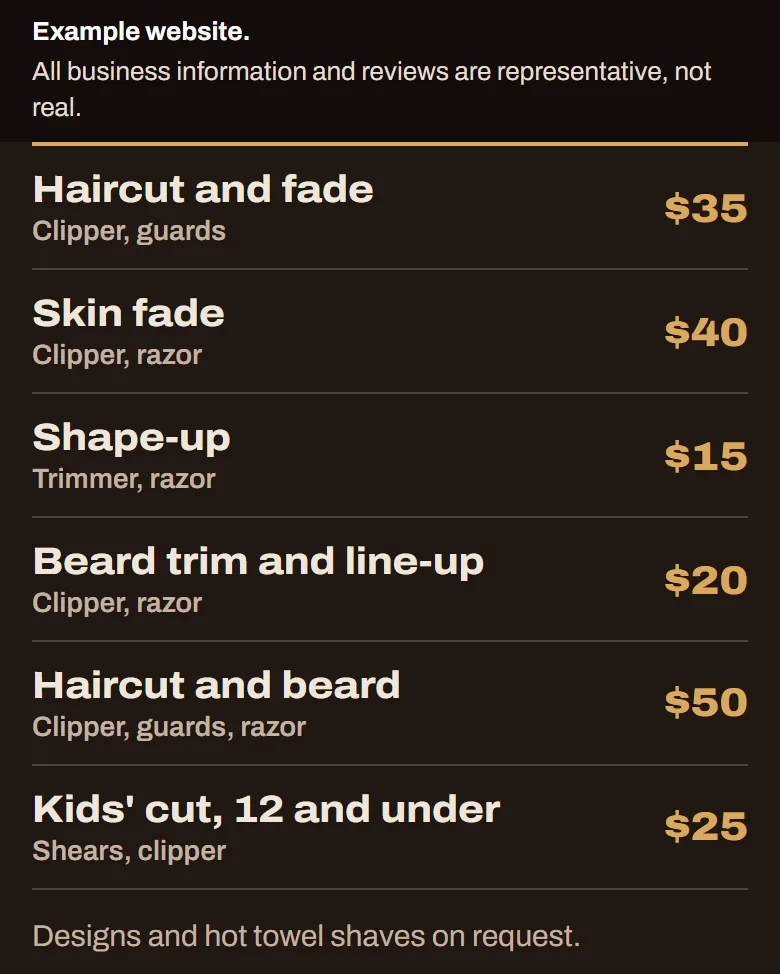 Part of the example barbershop site: shows your cuts and prices