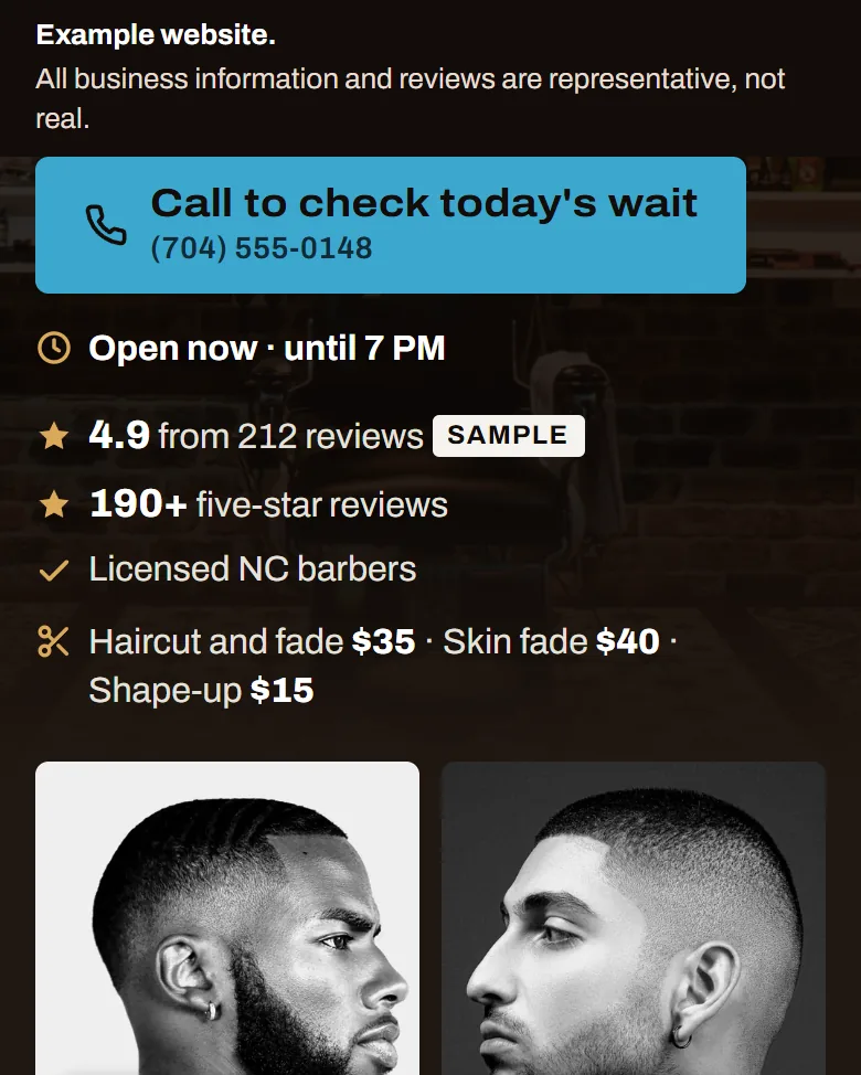 Part of the example barbershop site: puts the call button up top