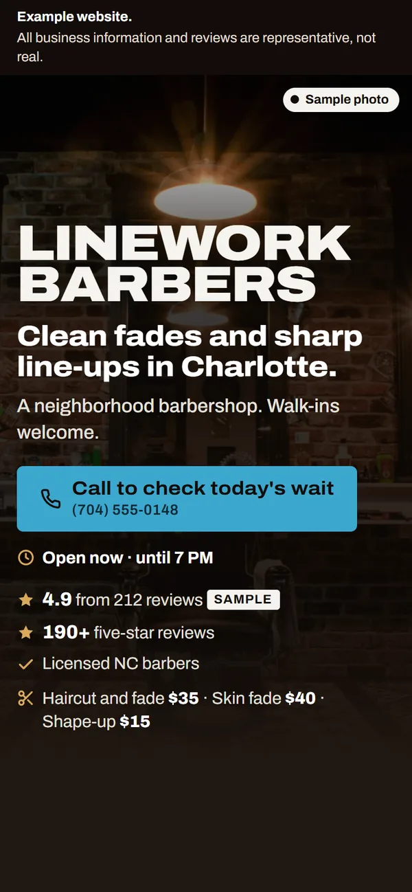 Example website for Linework Barbers, a made-up business, on a phone. Its banner says all information is representative.
