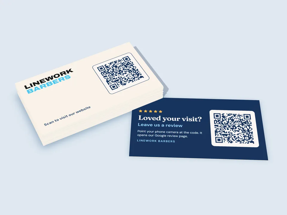 The QR Card Pack: a stack of business cards with the shop's logo and a QR code to its website, and one card turned over to its back, “Loved your visit? Leave us a review”, with a QR code. Shown for a made-up shop.