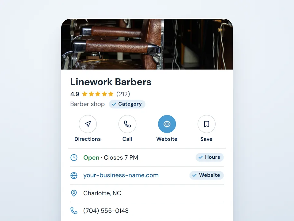 Illustration: a business profile on Google for Linework Barbers, a made-up barbershop, with its category, hours and website link marked as set.
