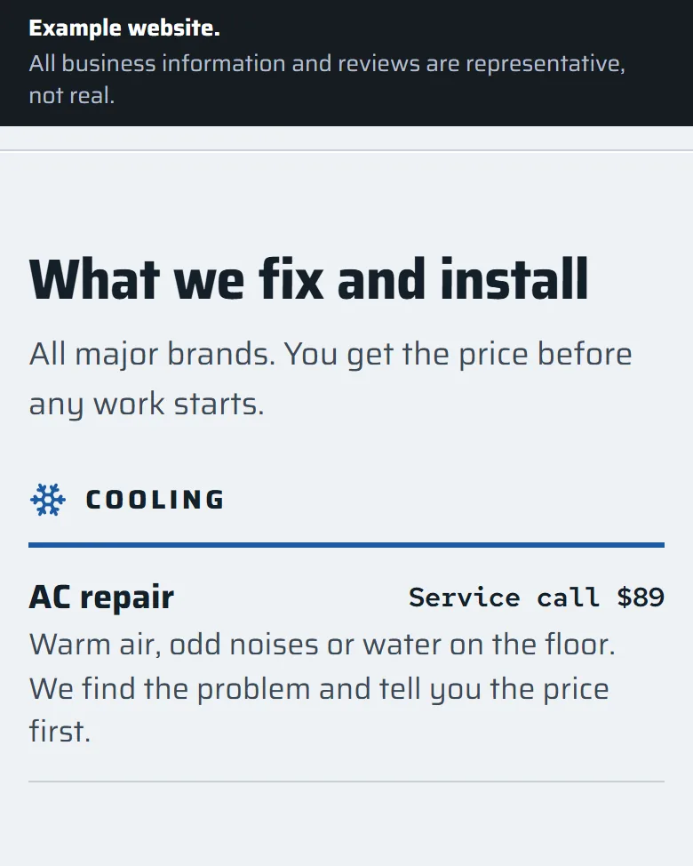 Part of the example home service business site: lists the jobs you do