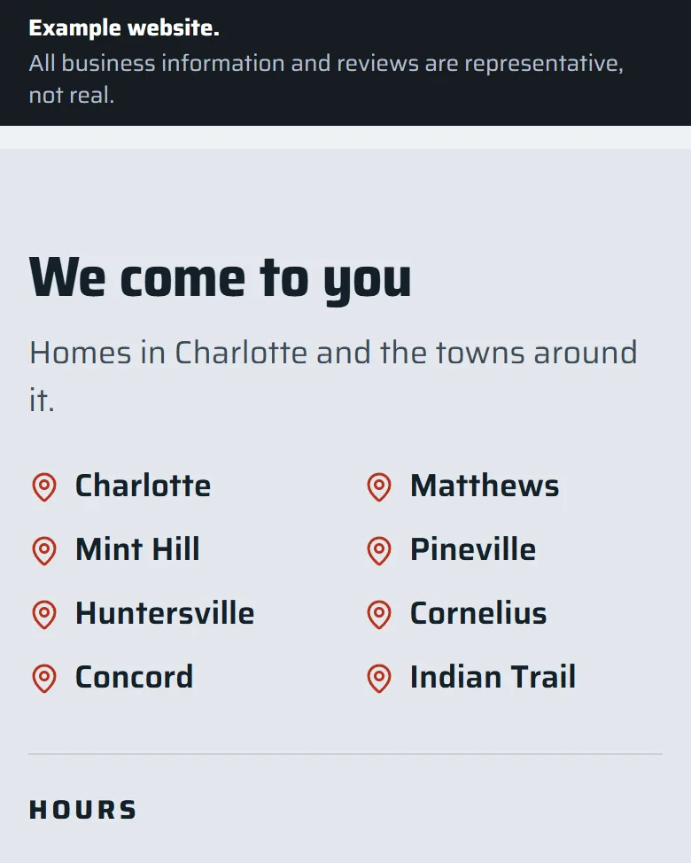 Part of the example home service business site: shows the towns you serve