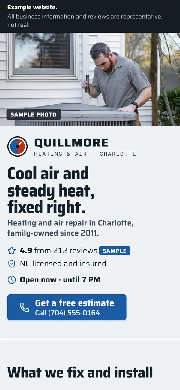 Example website for Quillmore Heating & Air, a made-up business, on a phone. Its banner says all information is representative.