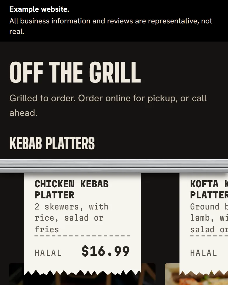 Part of the example restaurant site: puts your menu on the phone