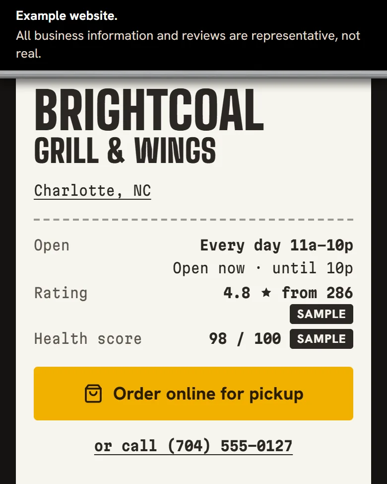 Part of the example restaurant site: gives orders one button