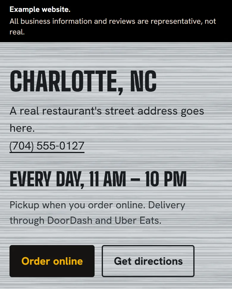 Part of the example restaurant site: shows your hours and the way in