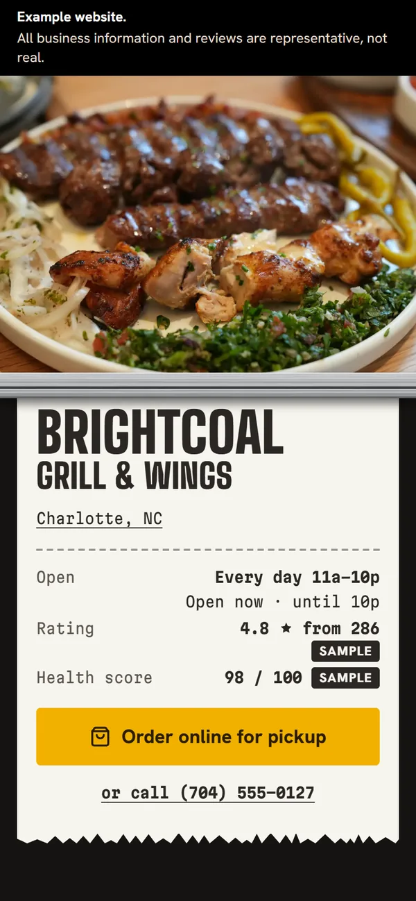 Example website for Brightcoal Grill & Wings, a made-up business, on a phone. Its banner says all information is representative.